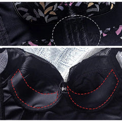 A black floral lace push-up bra featuring a front closure and padded cups.