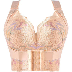 A beige floral lace push-up bra with a front closure and wide adjustable straps.