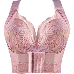 A dusty pink floral lace push-up bra with a front hook-and-eye closure and wide shoulder straps.