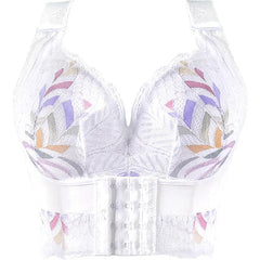 A white wire-free push-up bra with floral embroidery, front closure, and lace trim.