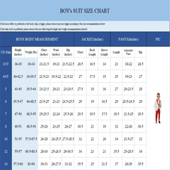 A size chart for a boys three-piece suit set with measurements for height, weight, and clothing.