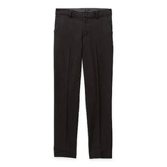 A pair of black formal trousers for boys featuring a flat front, belt loops, and a zip fly.