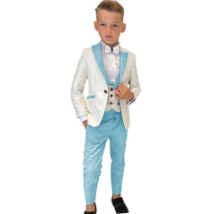A boy wears a three-piece paisley suit featuring a white blazer with light blue lapels, a matching vest, and light blue trousers.