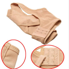 A beige women's posture corrector back brace with adjustable hook-and-eye closures.