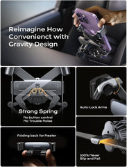 A gravity-operated car vent phone mount with an auto-locking hook and folding design.