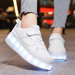A pair of white LED light-up roller skate sneakers with wheels and hook and loop closures.