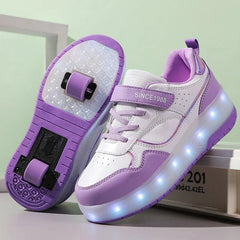 A pair of white and purple LED roller skate sneakers with two wheels on the sole.