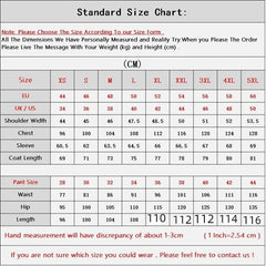 A size chart table for men's suits listing measurements in centimeters for sizes XS to 5XL.