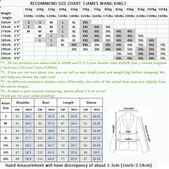 A size recommendation chart for a men's three-piece suit set with height and weight measurements.