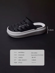 A black and white platform closed-toe sandal made of EVA rubber with a five centimeter heel.