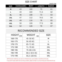 A size chart and recommended size guide for men's long sleeve shirts in sizes M to 5XL.