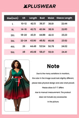A plus size emerald green gradient V-neck mini dress with lantern sleeves and a tulle skirt.