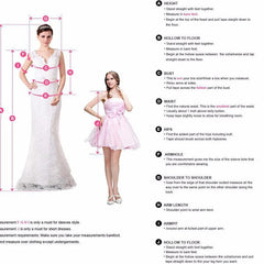 A measurement guide for wedding dresses showing two models and labeled body measurement points.