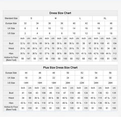 A size chart table for standard and plus size wedding dresses with measurements in inches and cm.