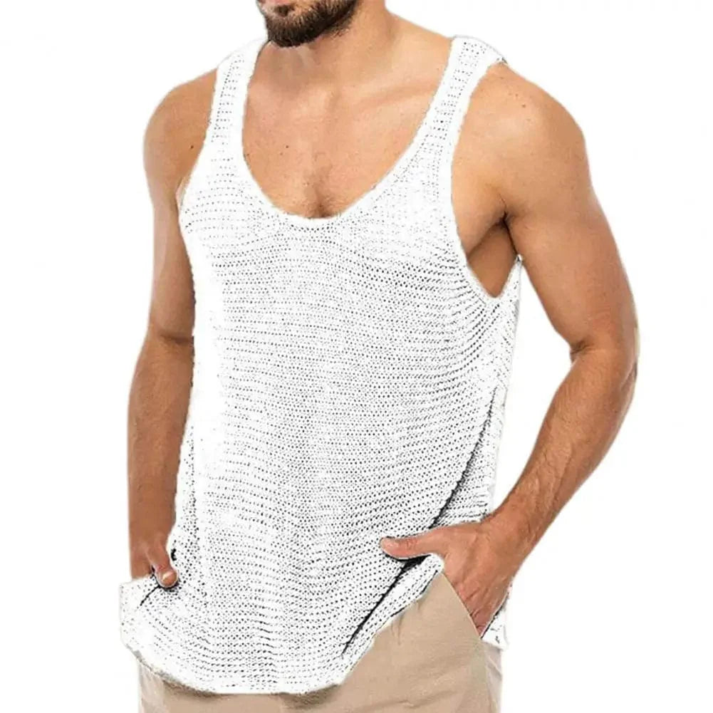 Plus Size Men Tank Top Solid Color U Neck Loose Knitted Breathable Summer Tops Male Sleeveless Vest Gym Fitness - SHOWLU FASHION STORE