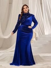 Plus size round neck velvet floor - length evening dress 4XL 5XL Big Size velvet long floor - length Prom Gown Women - SHOWLU FASHION STORE