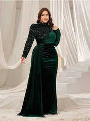 Plus size round neck velvet floor - length evening dress 4XL 5XL Big Size velvet long floor - length Prom Gown Women - SHOWLU FASHION STORE