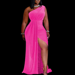 Plus Size Women Black Party Dress Elegant One Shoulder Pleated Evening Dress with High Slits Long Spring Summer Dress 2024 - SHOWLU FASHION STORE