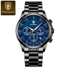 A Poedagar men's quartz wristwatch with a blue dial, chronograph sub-dials, and a black metal band.