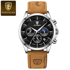 A Poedagar men's quartz watch with a black dial, moon phase display, and tan leather strap.