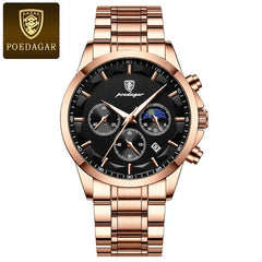 A rose gold-tone men's quartz wristwatch with a black dial, chronograph sub-dials, and moon phase.