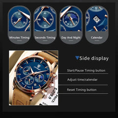 A Poedagar men's quartz wristwatch with a blue dial, leather strap, and chronograph sub-dials.