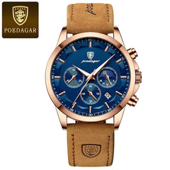 A Poedagar men's quartz watch with a blue dial, rose gold case, and tan leather strap.