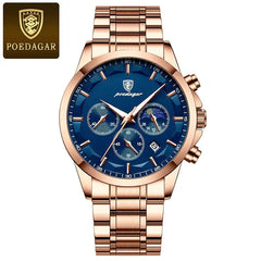 A rose gold-tone men's quartz watch with a blue dial, chronograph sub-dials, and a metal link band.