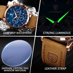 A Poedagar men's quartz watch with a blue dial, luminous hands, and a brown leather strap.