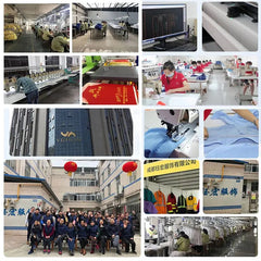 A collage showing various stages of a medical scrub uniform manufacturing facility, including sewing, design, and staff.