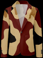 A men's slim fit blazer featuring a digital camouflage print in shades of red, tan, and black.