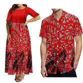 A woman in a red maxi dress and a man in a matching red button-down shirt with Polynesian prints.