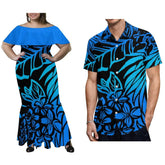 A woman in an off-the-shoulder blue and black floral maxi dress next to a man in a matching shirt.