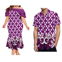 A woman in a purple off-shoulder mermaid dress and a man in a matching button-down shirt.