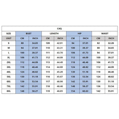 A size chart table for Polynesian style clothing showing measurements in centimeters and inches.