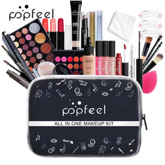 A comprehensive Popfeel makeup kit featuring various cosmetics, brushes, and a black travel bag.