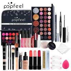 A comprehensive Popfeel all-in-one makeup kit featuring an eyeshadow palette, lipsticks, and tools.