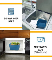 A blue two-layer salad bowl lunch box shown in a kitchen sink and a microwave.