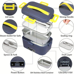A portable electric lunch box with a stainless steel container and various accessories.