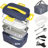 A portable electric lunch box with a stainless steel container, cutlery, and power cables.