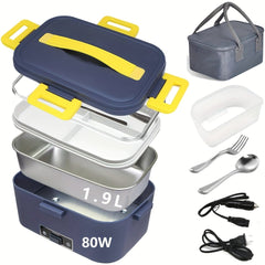 A portable electric lunch box with a stainless steel container, cutlery, and power cables.