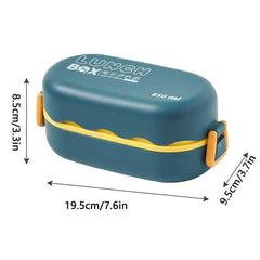 A blue, two-layer stackable bento lunch box with yellow accents and dimensions labeled.