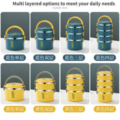 A grid showing blue and yellow portable thermal lunch boxes in one, two, three, and four layers.