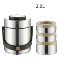 A stainless steel vacuum insulated lunch box with three stackable food containers and a handle.