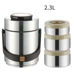 A stainless steel vacuum insulated lunch box with three stackable food containers and a handle.