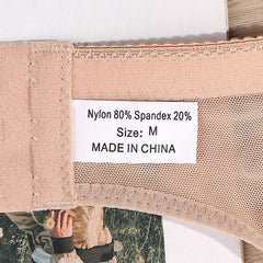 A beige wire-free bra with a size M label indicating a nylon and spandex fabric blend.