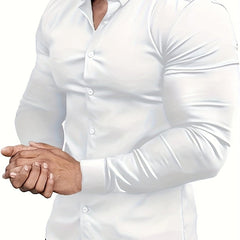 A man wears a white long-sleeve muscle-fit dress shirt with a button-down lapel.