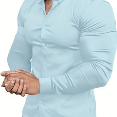 A light blue muscle-fit long-sleeve dress shirt with a button-down lapel.