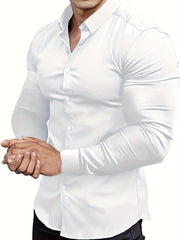 A man wears a white long-sleeve muscle-fit dress shirt with a button-down lapel.