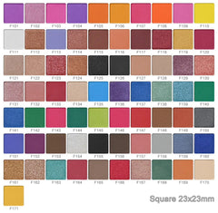 A large grid of individual square eyeshadow pans in various matte and shimmer colors.